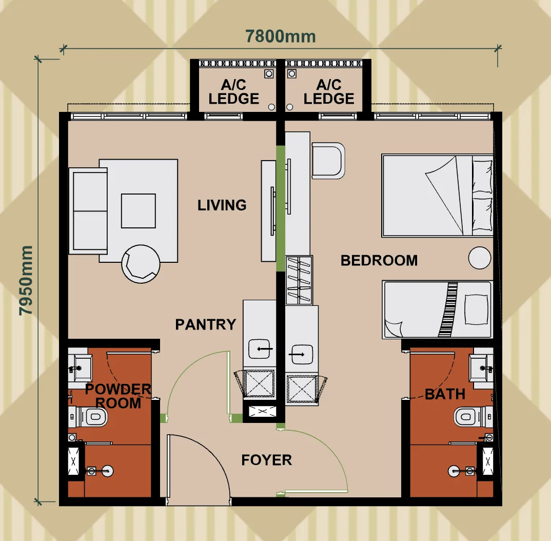 Keeperz Suites Type B dual key 581 sq ft unit layout
