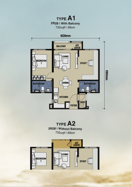 The Lighthauz Type A 732 sq ft unit layout with and without balcony options