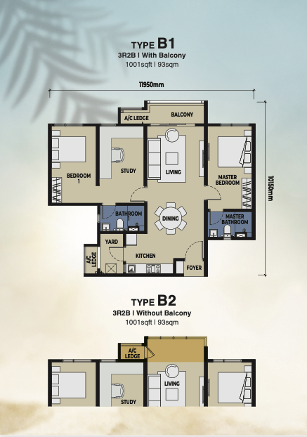 The Lighthauz Type B 1001 sq ft unit layout with and without balcony options