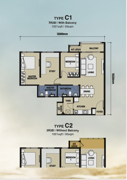 The Lighthauz Type C 1001 sq ft unit layout with and without balcony options