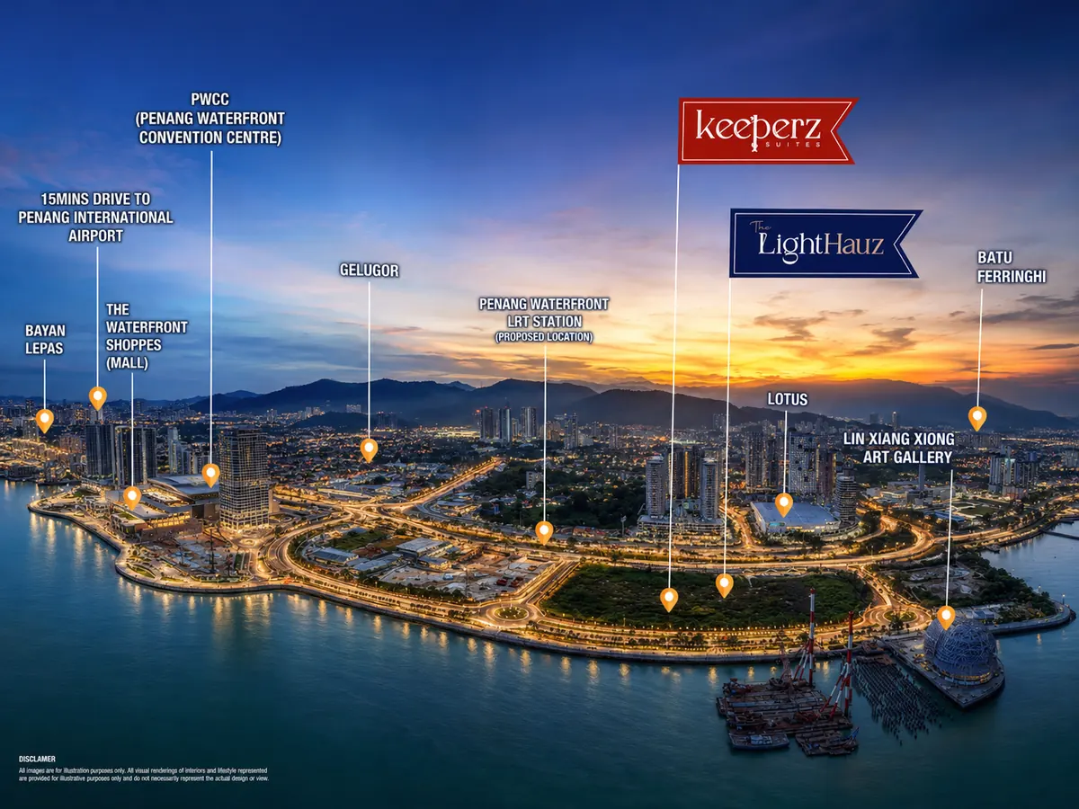 Illustrated Penang Waterfront area orientation showing PWCC, Waterfront Shoppes, S15, The Lighthauz, Keeperz Suites and nearby landmarks