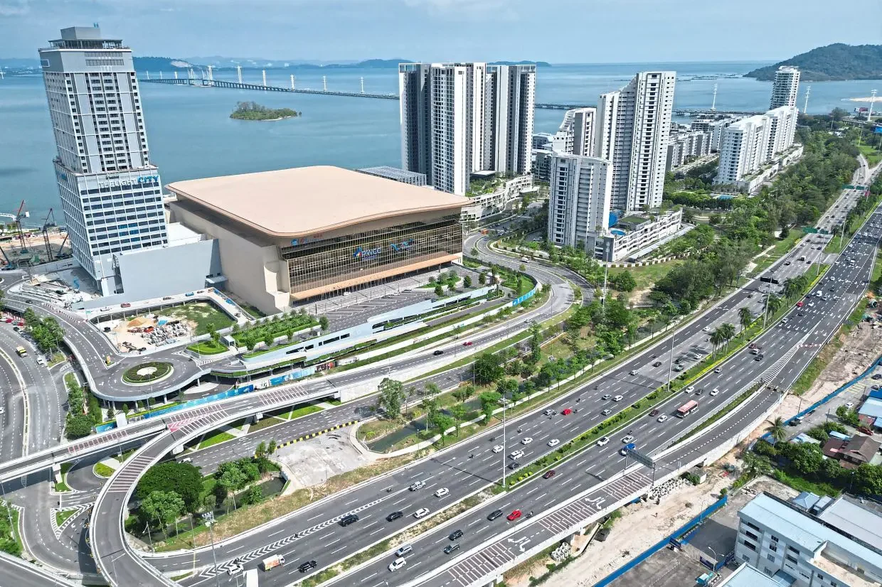 Penang Waterfront real aerial context with PWCC, coastline and expressway