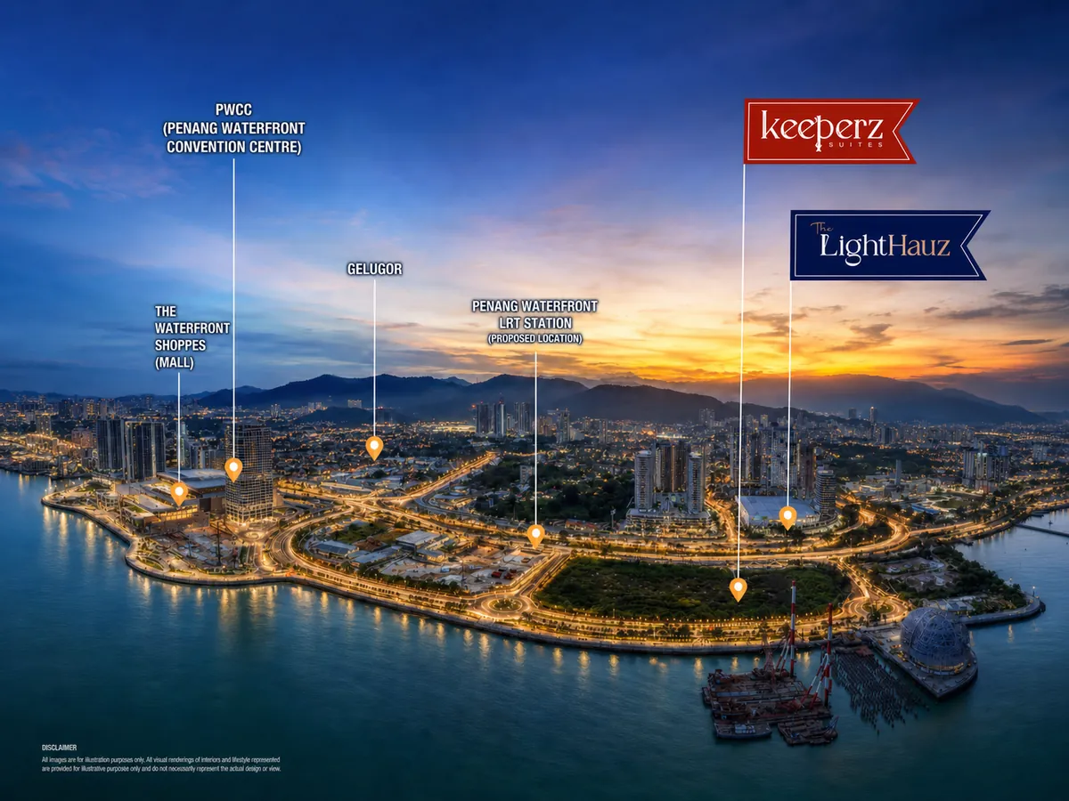 Illustrated area context showing The Lighthauz, Keeperz Suites, PWCC, Waterfront Shoppes and the proposed Penang Waterfront LRT station
