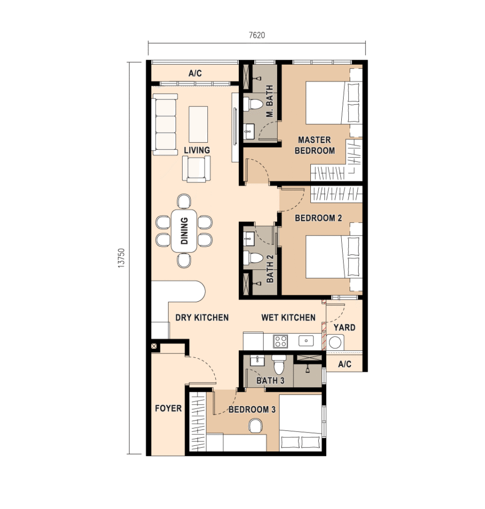 Type A 1,077 sq.ft. three-bedroom floor plan