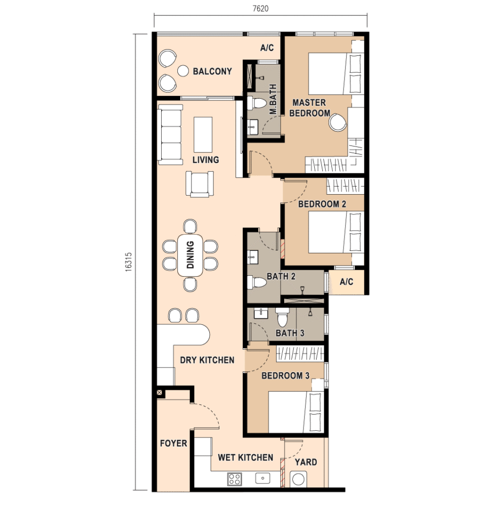 Type B 1,228 sq.ft. three-bedroom floor plan