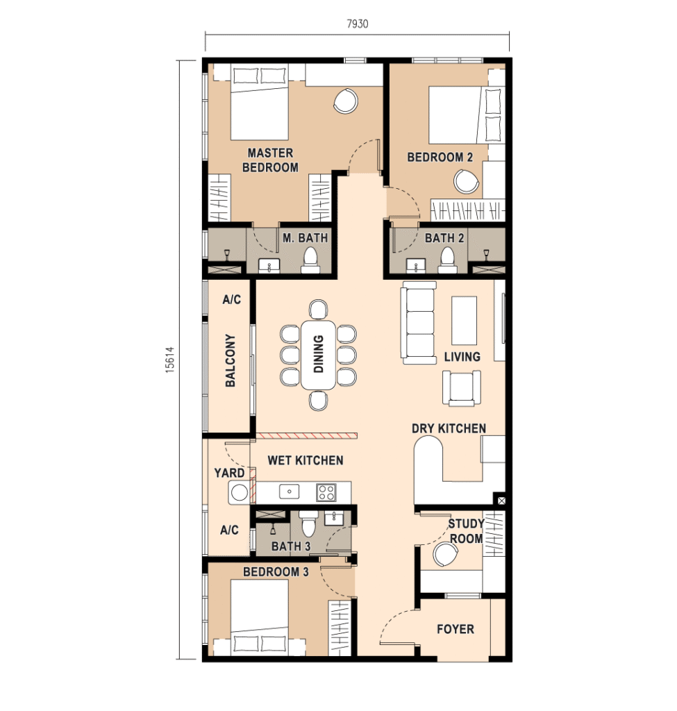 Type D 1,335 sq.ft. three plus one-bedroom floor plan