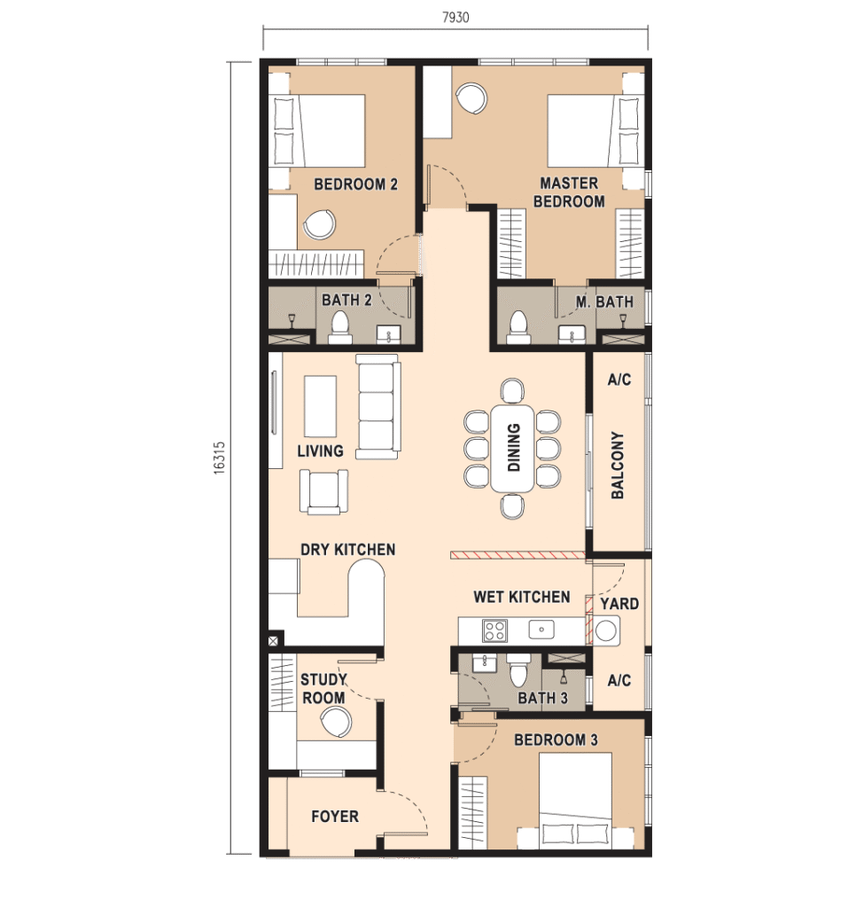 Type D1 1,388 sq.ft. three plus one-bedroom floor plan
