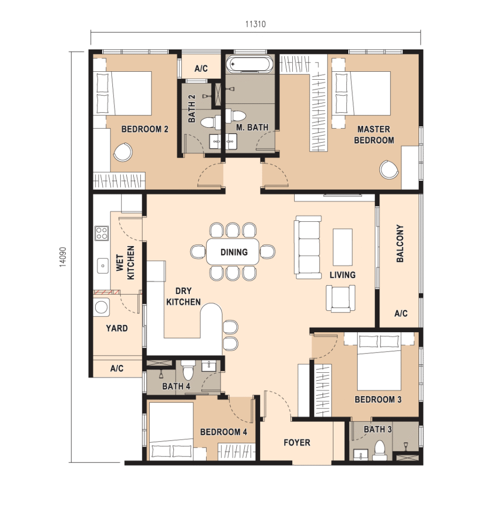 Type E 1,669 sq.ft. four-bedroom floor plan