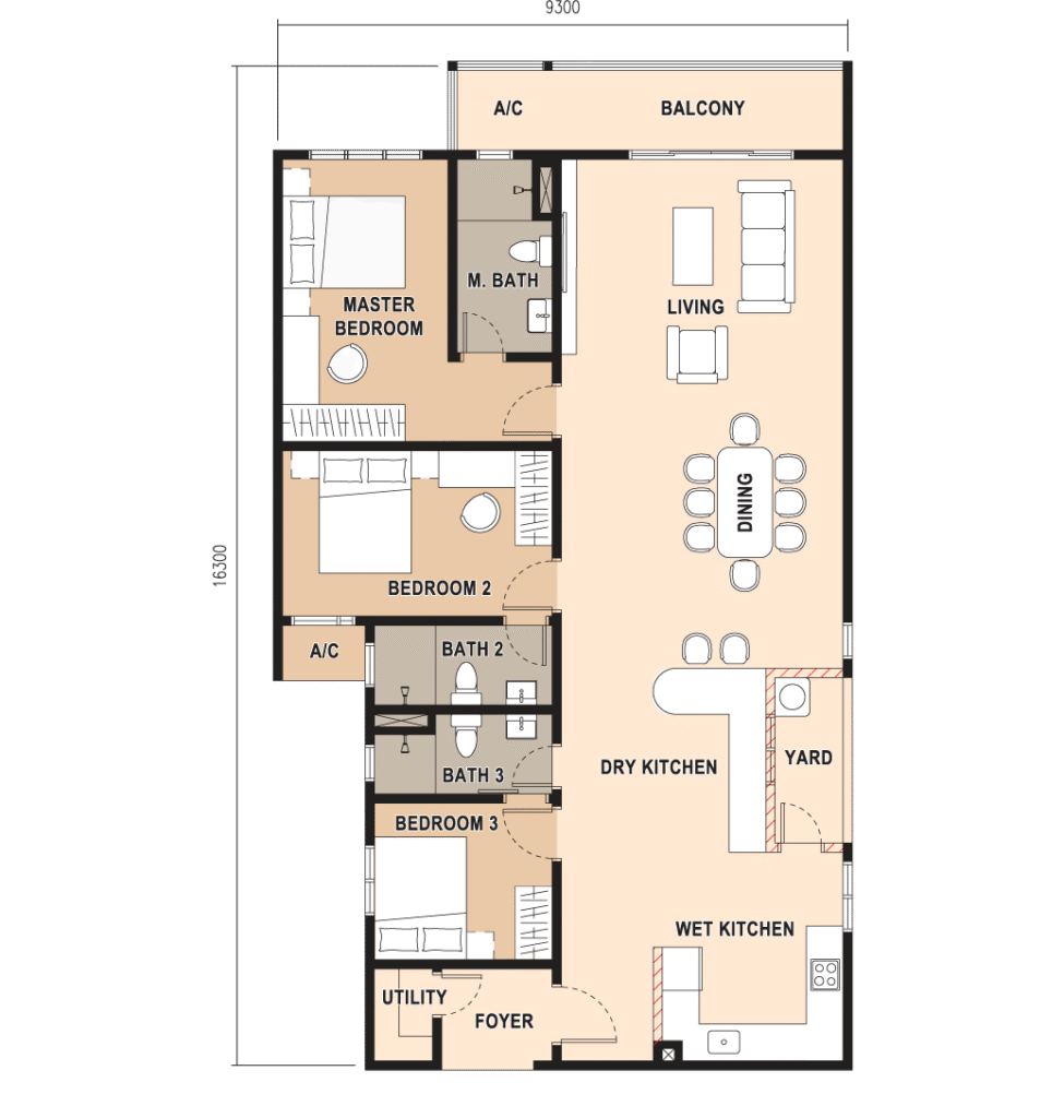 Type F 1,486 sq.ft. three-bedroom floor plan