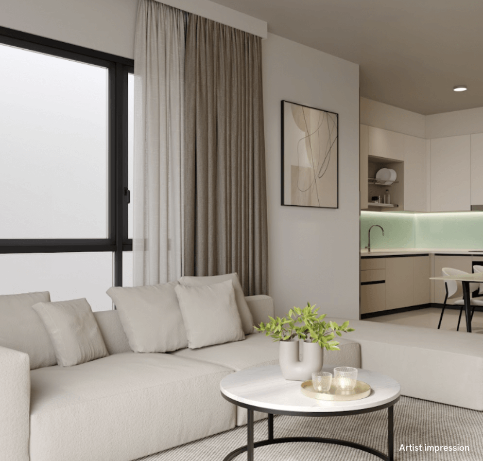 Artist impression of The Crown Penang living and dining interior