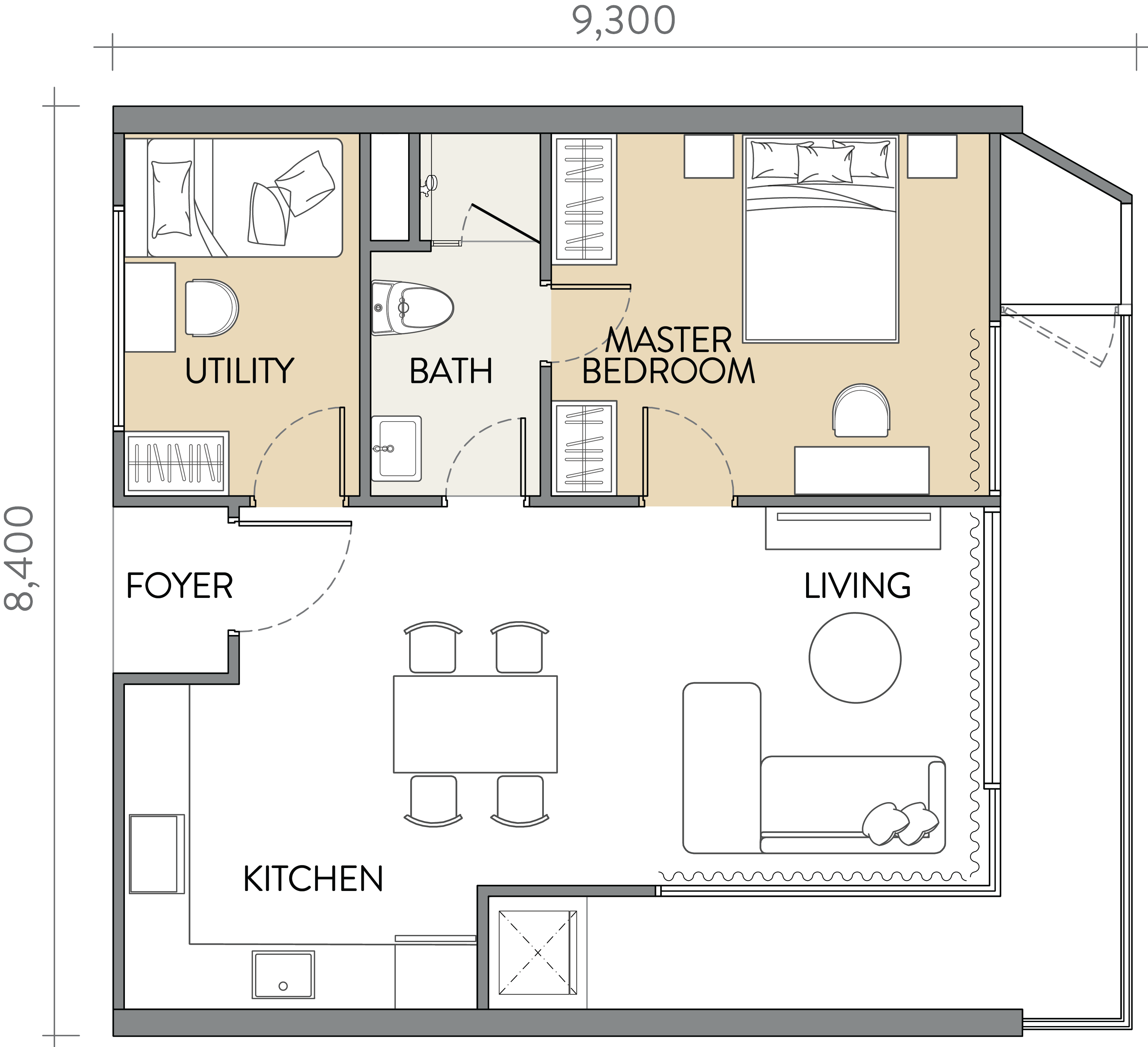 The Crown Penang Type B 840 sq ft floor plan showing 1+1 bedroom, one bathroom, living, dining and kitchen
