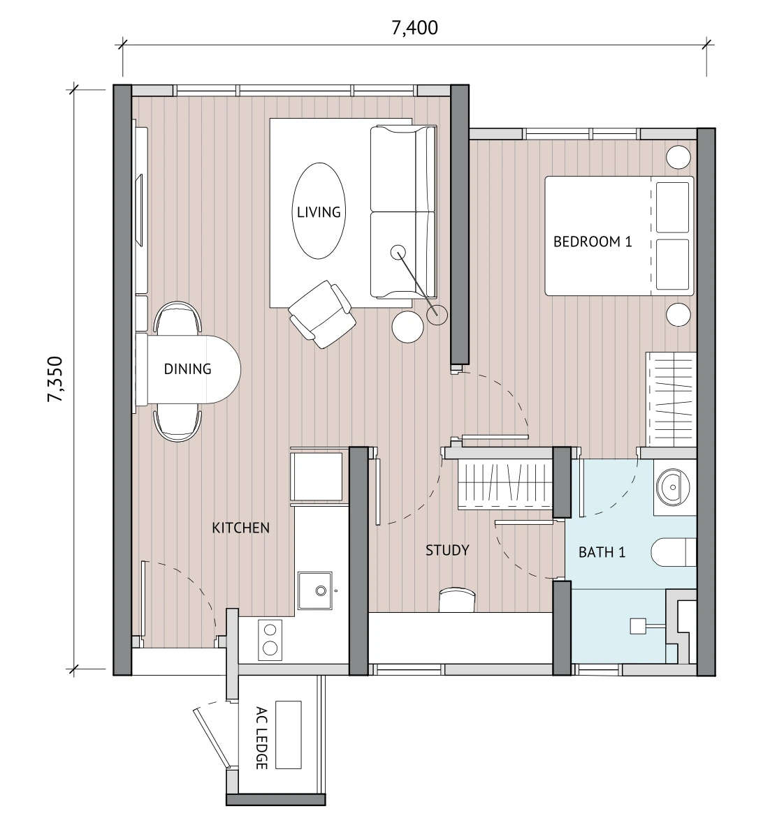 The Meg Type A 567 sq ft floor plan
