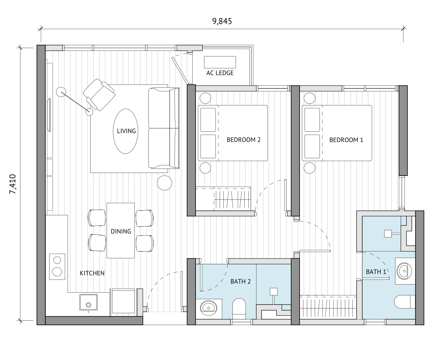 The Meg Type C 753 sq ft floor plan