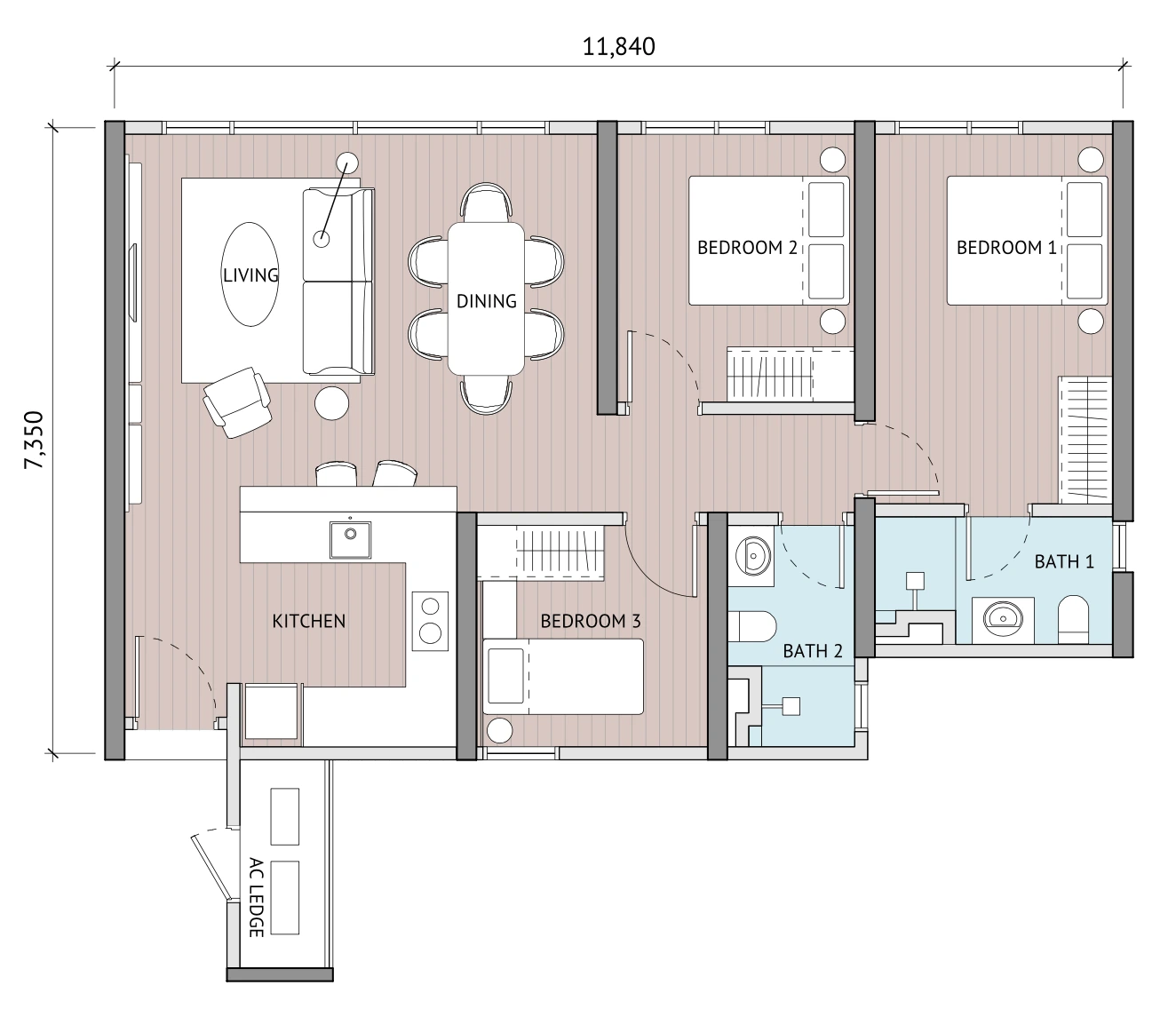 The Meg Type E 897 sq ft floor plan