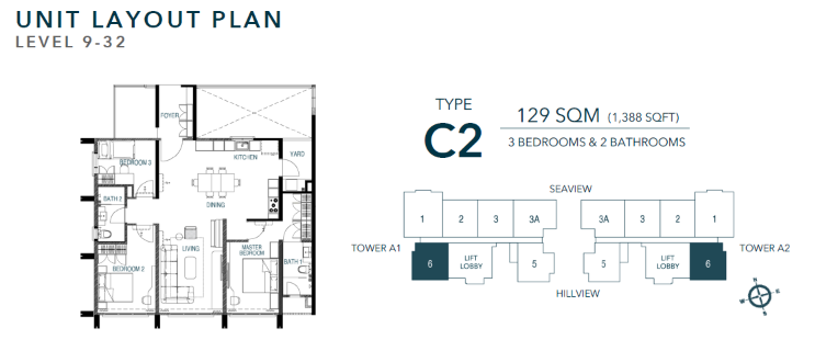 Waterstone C2 1,388 sqft balanced three-bedroom floor plan